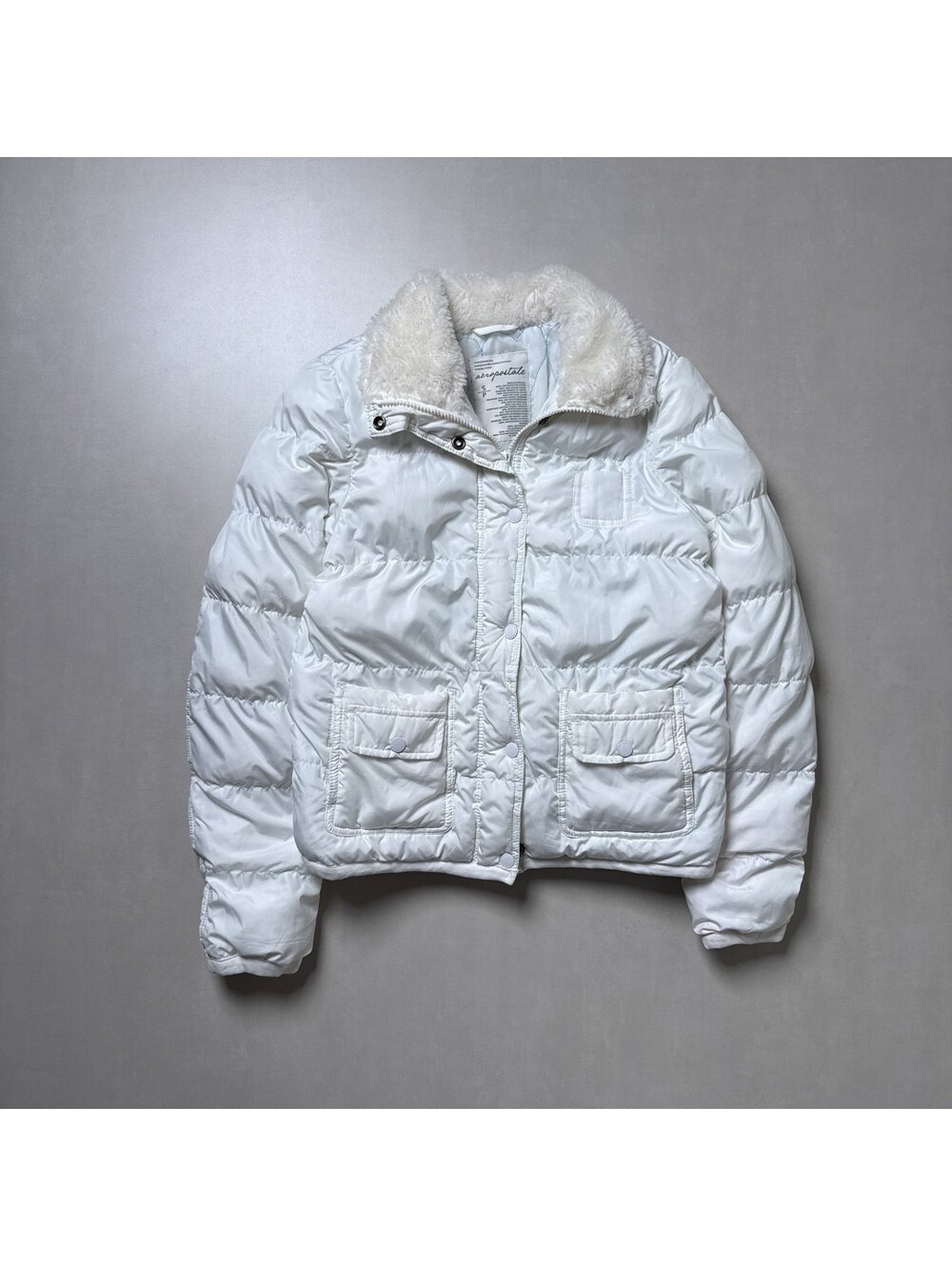 Y2K Aeropostale 00s White Puffer Jacket Faux Fur Collar